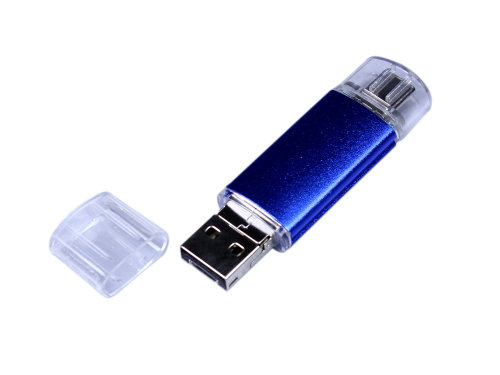 USB-флешка на 64 ГБ c двумя дополнительными разъемами MicroUSB и TypeC, синий