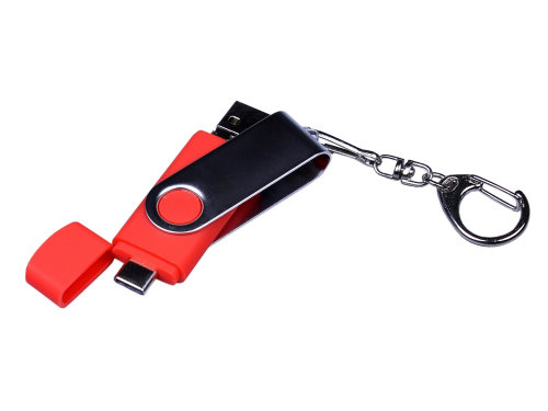USB-флешка на 64 ГБ поворотный механизм, c двумя дополнительными разъемами MicroUSB и TypeC, красный