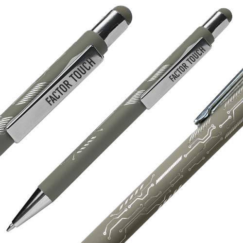 Ручка шариковая FACTOR TOUCH со стилусом, серый/серебро, металл, пластик, софт-покрытие (серый, серебристый)