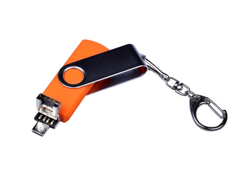 USB-флешка на 64 ГБ поворотный механизм, c двумя дополнительными разъемами MicroUSB и TypeC, оранжевый