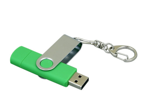 Флешка с  поворотным механизмом, c дополнительным разъемом Micro USB, 16 Гб, зеленый