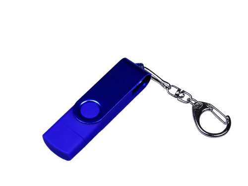 USB-флешка на 32 Гб 3 в 1 поворотный механизм, c двумя дополнительными разъемами MicroUSB и TypeC C с одноцветным металлическим клипом, синий
